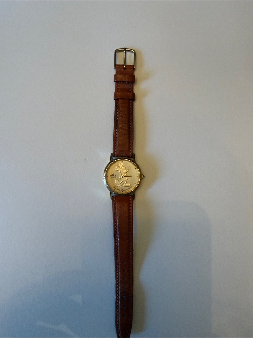 Disney Men's Brown Leather Strap Watch with Gold Dial - Mickey Mouse